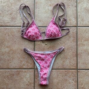 Pink Patterned Striped-Trim Bikini Set
